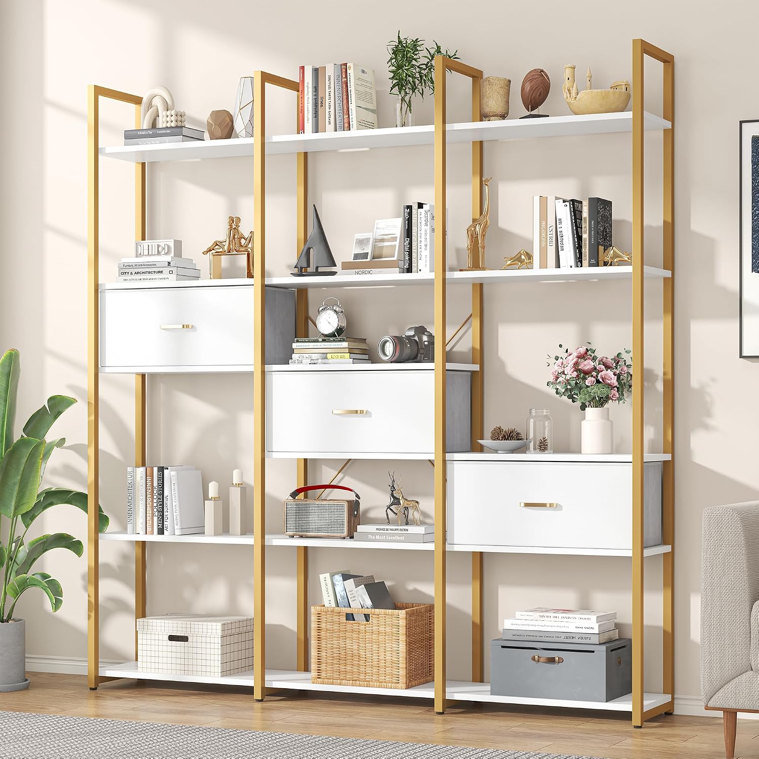 Nosepen 73.6' Tall Bookshelf with 3 Drawers and 16 Storage Shelves, Industrial Bookcase with 16 Open Display Shelves, Large Etagere Bookshelf, Triple Wide Book Shelf Book Case for Home & Office, Gold