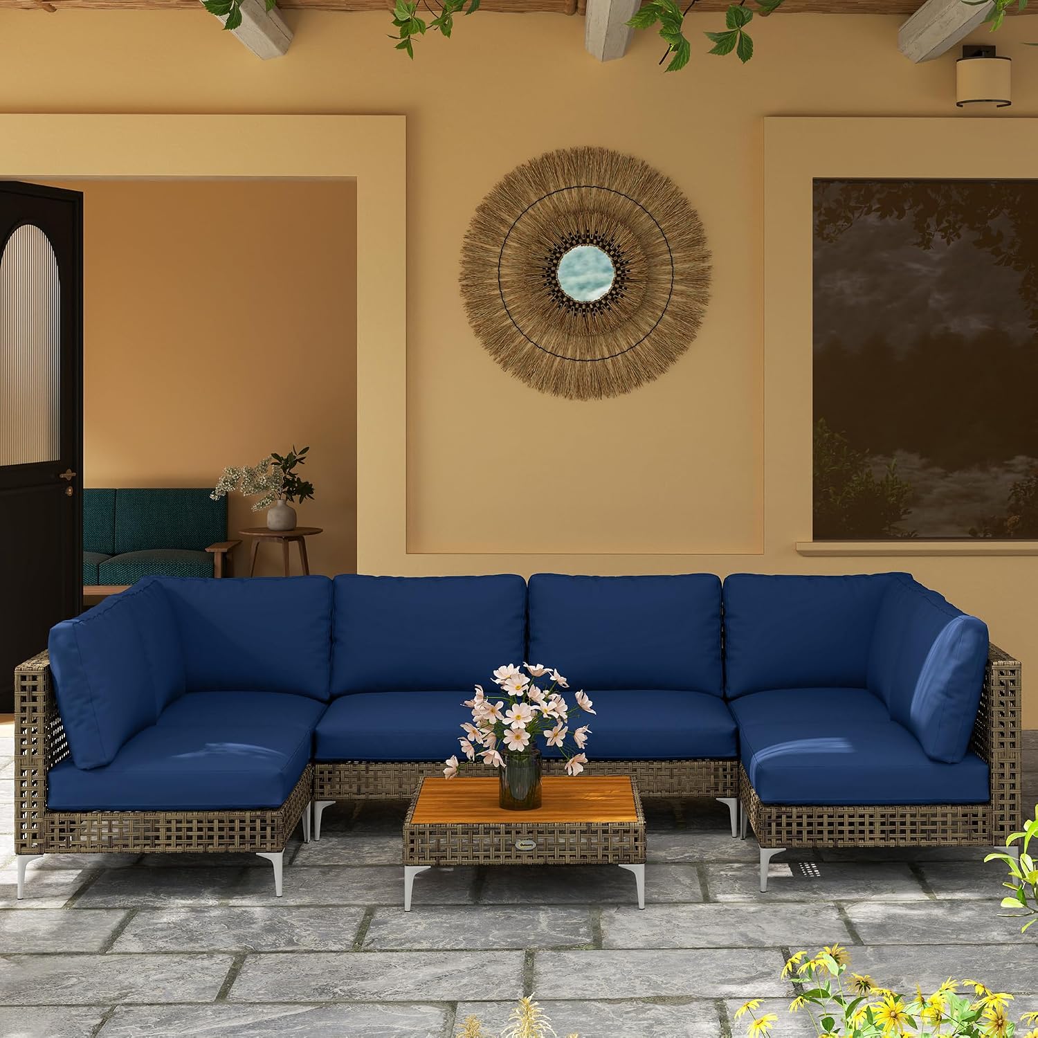 Outsunny 7 Piece Wicker Patio Furniture Set, Modular Outdoor Sectional with Thickened Cushions, Rattan Outdoor Furniture Conversation Set with Slatted Acacia Wood Table for Backyard, Brown/Dark Blue