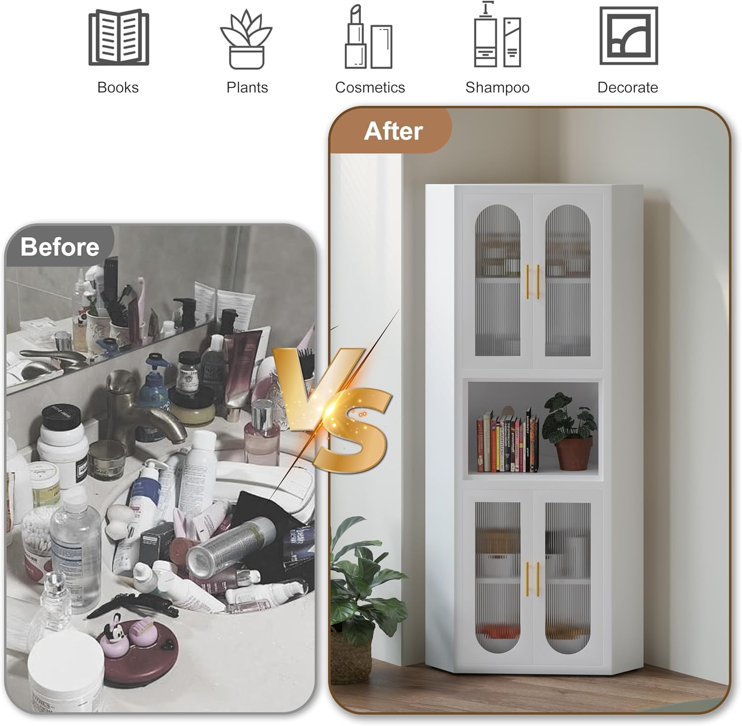 GAIOUS 63.6' Farmhouse Corner Cabinet, Tall Metal Pantry Storage Cabinet with 4 Acrylic Glass Doors & 1 Open Bar Shelf, Corner Cupboard for Kitchen Bathroom Living Room Bedroom Hallways (White)