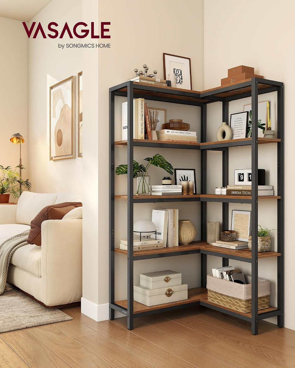 VASAGLE 5 Tier Bookshelf with Metal Frame, Convertible Industrial Corner Shelf, 9.4 x 40.2 x 55.9 Inches, for Living Room, Bedroom, Home Office, Rustic Brown and Ink Black ULLS605KD01