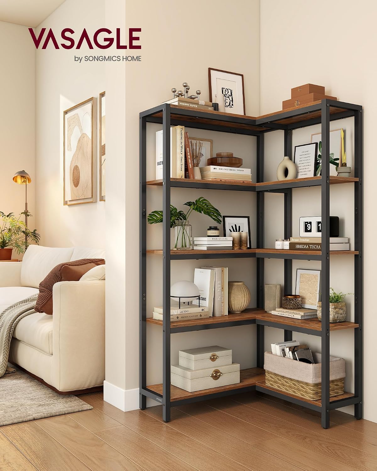 VASAGLE 5 Tier Bookshelf with Metal Frame, Convertible Industrial Corner Shelf, 9.4 x 40.2 x 55.9 Inches, for Living Room, Bedroom, Home Office, Rustic Brown and Ink Black ULLS605KD01