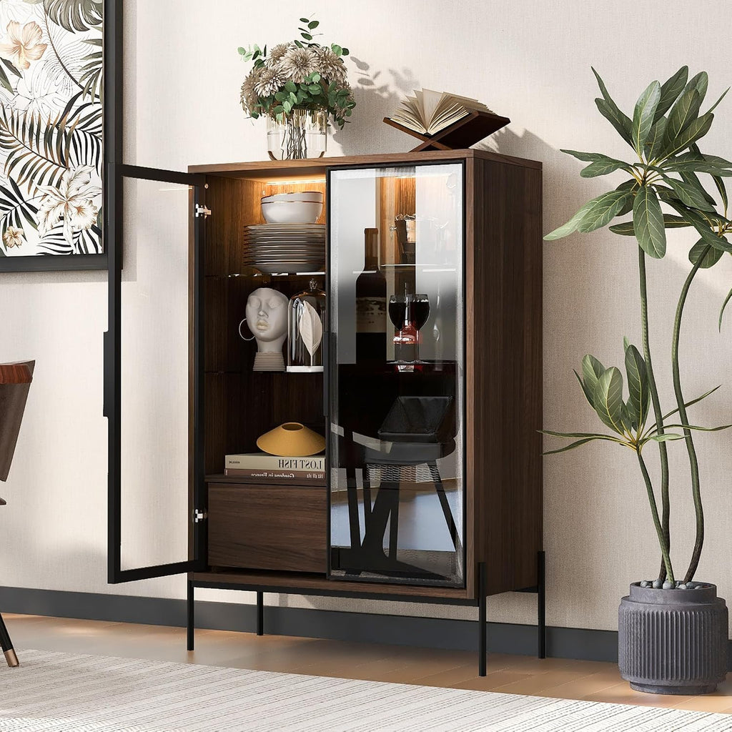 51' Minimalist Aluminum-Frame Showcase Cabinet, Lego Display Case with LED Lighting, Lego Display Shelves with Adjustable Glass Shelves & Drawers for Home Office Living Room, Black + Dark Walnut