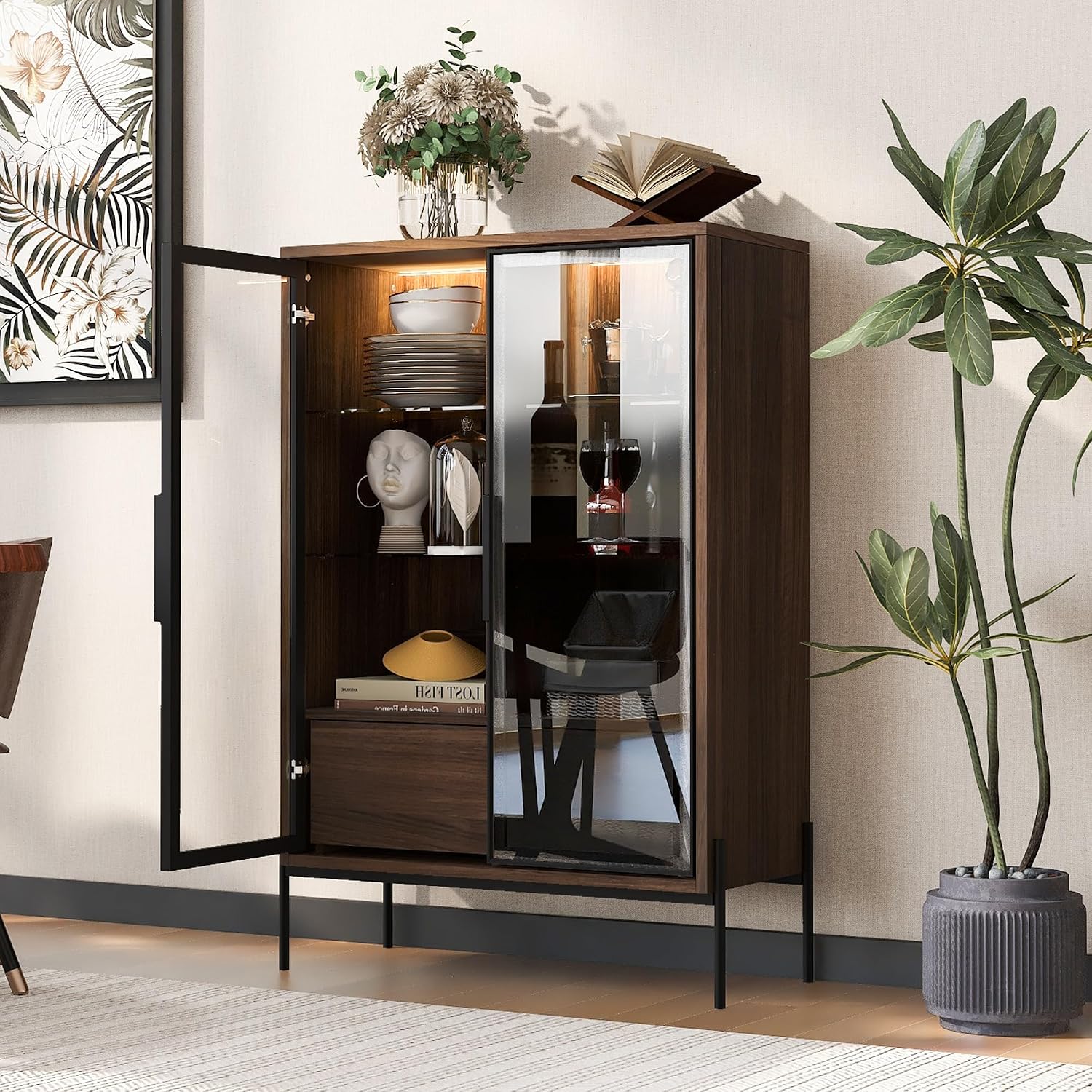 51' Minimalist Aluminum-Frame Showcase Cabinet, Lego Display Case with LED Lighting, Lego Display Shelves with Adjustable Glass Shelves & Drawers for Home Office Living Room, Black + Dark Walnut