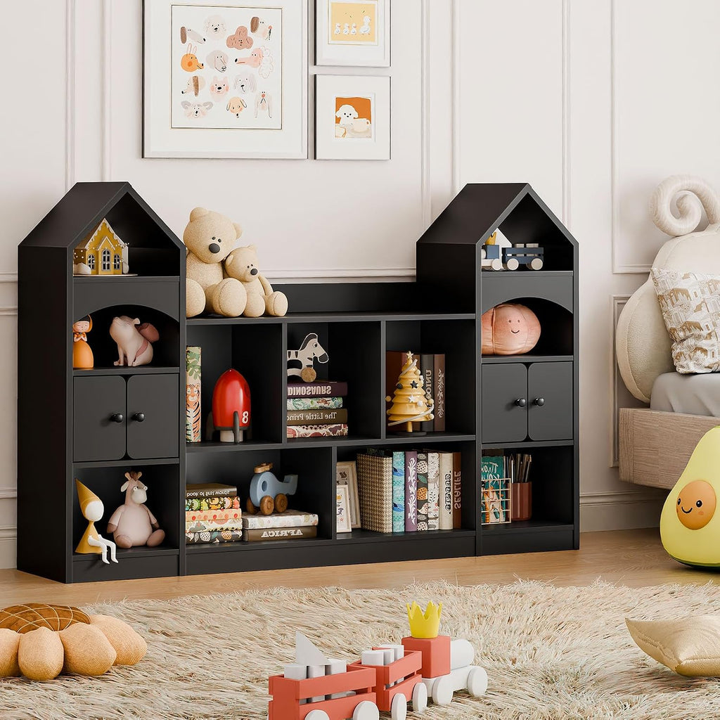 Vabches Castle Shape Children's Bookshelf, Kids Bookcase Display Case Kids Toy Storage Organizer Multifunctional Storage Cabinet Bookshelf Suitable for Playroom, Children's Room, Living Room, Black