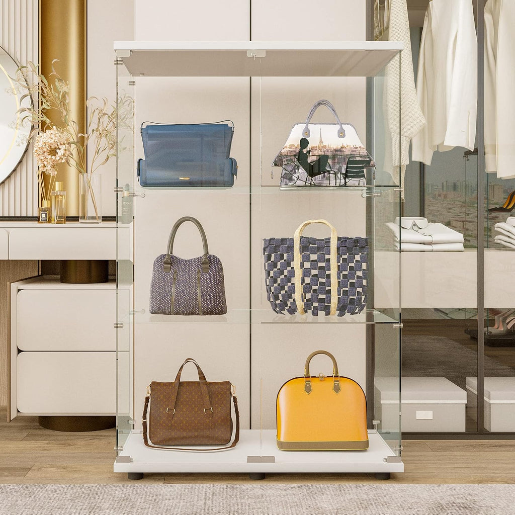 3-Tier Glass Display Cabinet,Curio Cabinet with Tempered Glass Door,Floor Standing Curio Bookshelf for Living Room Bedroom Office with Locks, Side by Side Doors (2 Doors,3 Shelves - White)