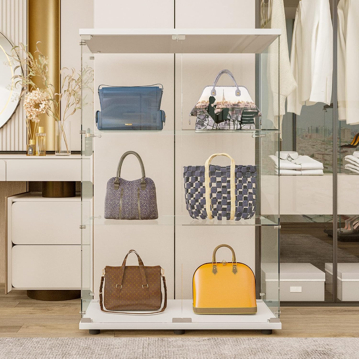 3-Tier Glass Display Cabinet,Curio Cabinet with Tempered Glass Door,Floor Standing Curio Bookshelf for Living Room Bedroom Office with Locks, Side by Side Doors (2 Doors,3 Shelves - White)