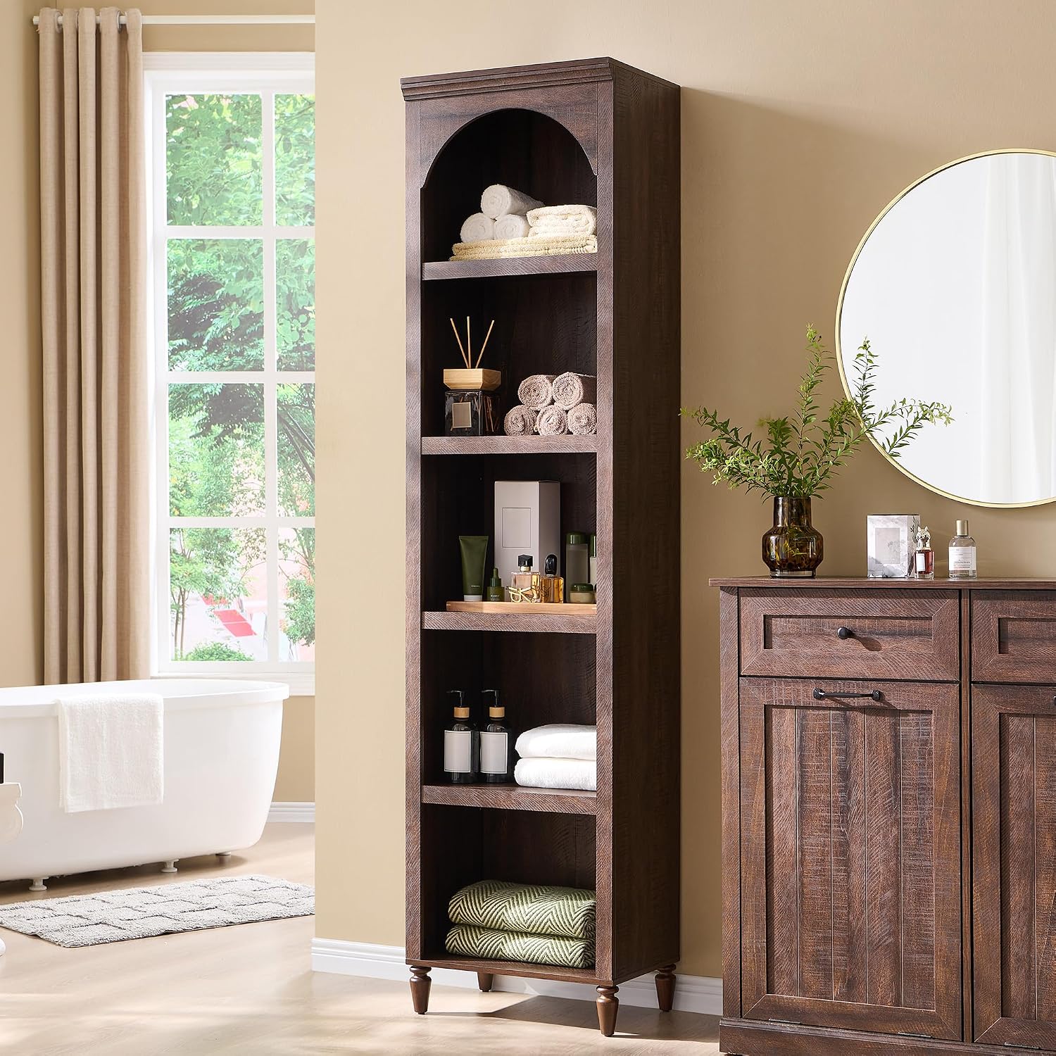 IFGET 76' Tall Arched Bookcase, Farmhouse 5 Tiers Narrow Arched Bookshelf Cabinet with Adjustable Shelves, Modern Wooden Book Shelf w/Storage and Open Display Shelves for Living Room, Office-Brown