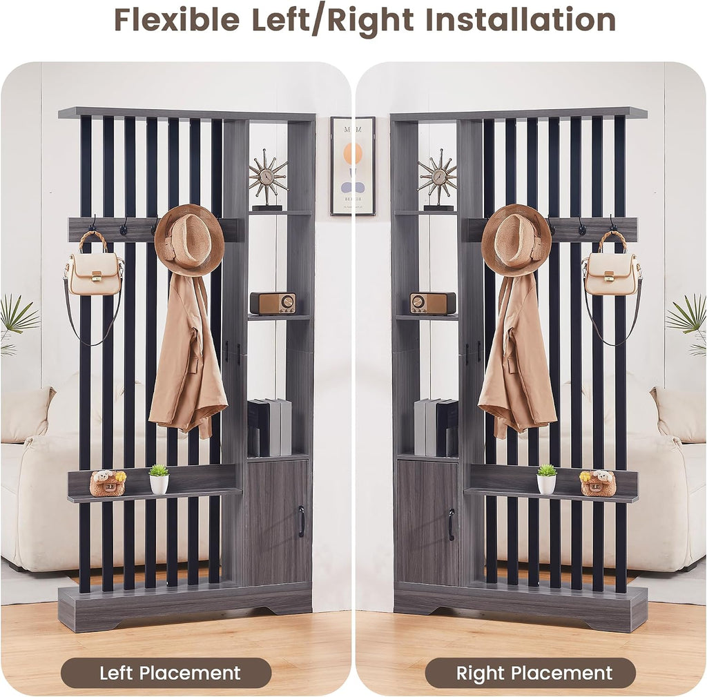 Room Divider with Shelves, Wall Room Divider Bookshelf, Freestanding Wood Privacy Screen with Storage Cabinet, Coat Rack, Display Shelf for Living Room Separation, Home Office Decorative (Grey)