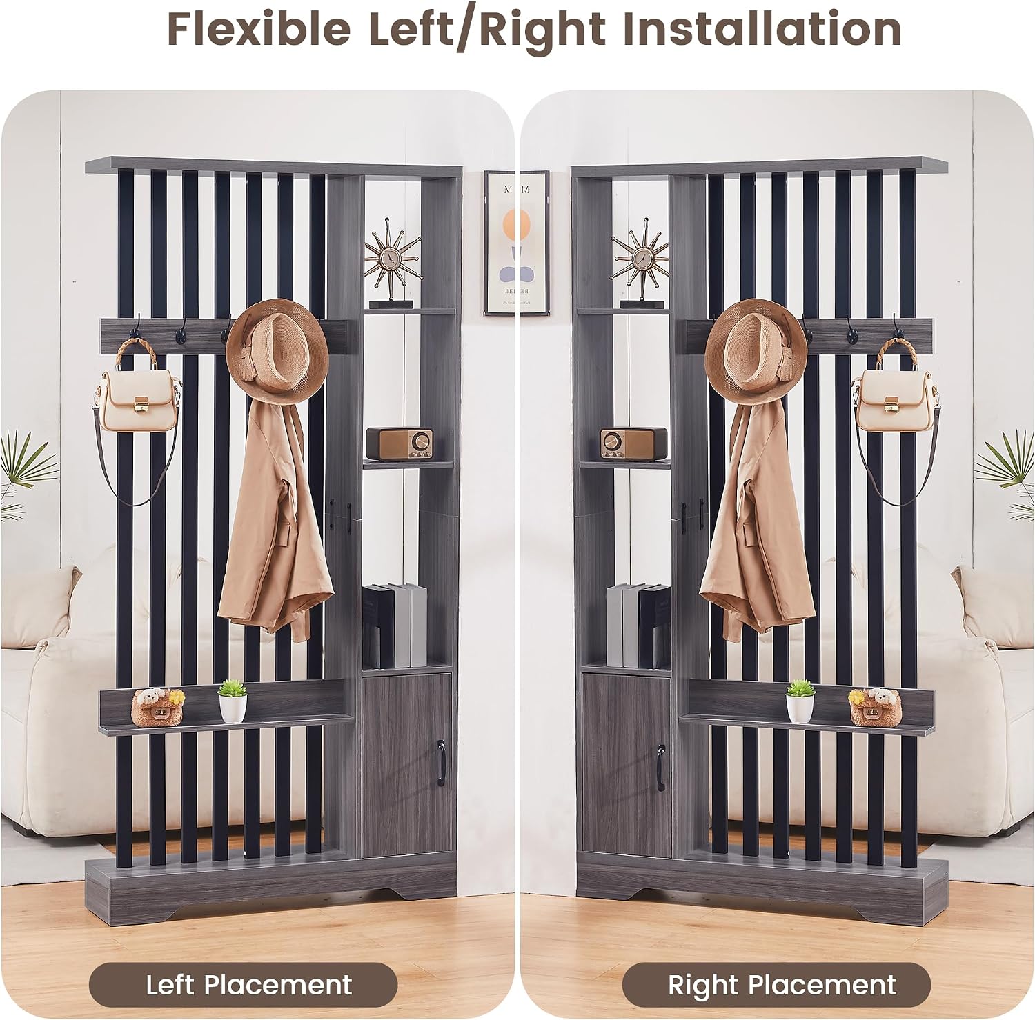 Room Divider with Shelves, Wall Room Divider Bookshelf, Freestanding Wood Privacy Screen with Storage Cabinet, Coat Rack, Display Shelf for Living Room Separation, Home Office Decorative (Grey)