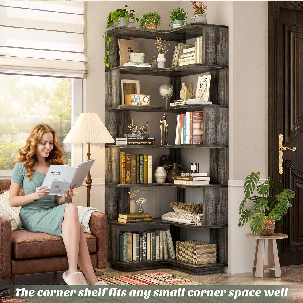 Armocity Corner Book Shelf - 7 Tier Corner Bookshelf Etagere Bookcase with Baffle, Freestanding L Shaped Display Shelf Stand for Home Office, Living Room, Bedroom, Kitchen, Grey Oak
