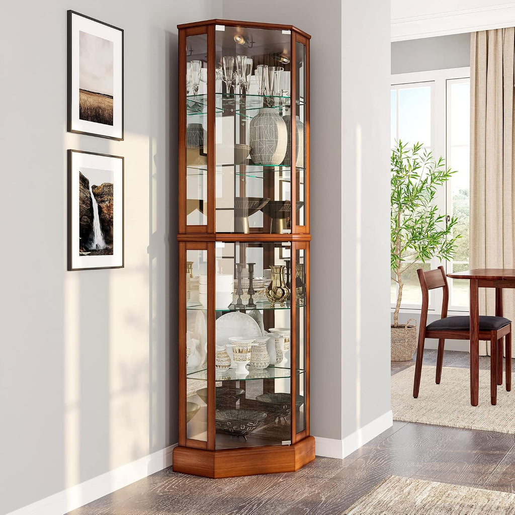 BELLEZE Lighted Curio Cabinet Corner Display Case for Living Room, China Hutch with Tempered Glass Doors and Shelves, Wooden Accent Cabinet, Bar and Liquor Storage Area - Ashfield (Oak)