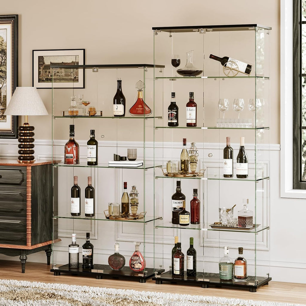 APRILSOUL Glass Display Cabinet 5-Shelf with Double Door, Curio Display Cabinet with 5mm Tempered Glass, Floor Standing Bookshelf for Bedroom, Living Room, 74.5 x 31.7 x 14.3 in, Black