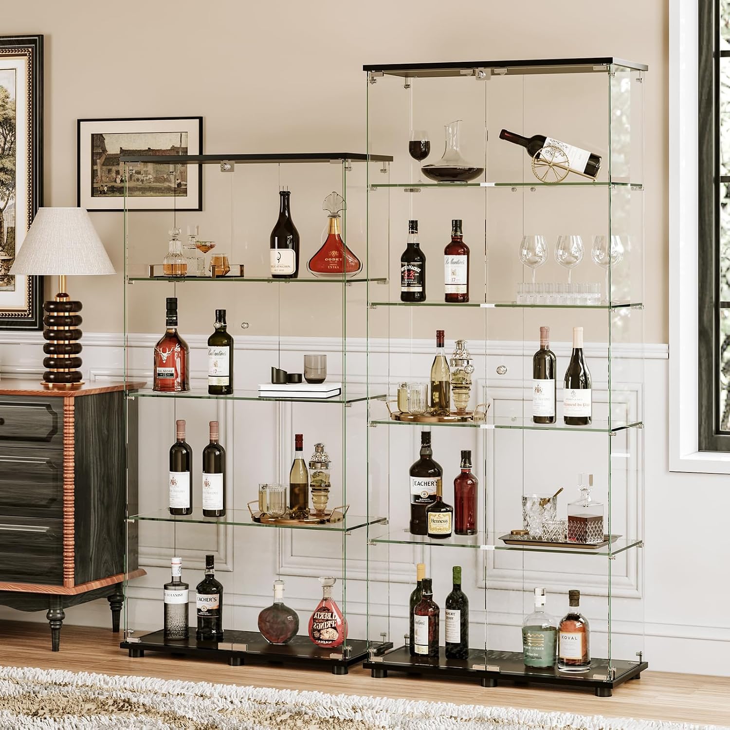 APRILSOUL Glass Display Cabinet 5-Shelf with Double Door, Curio Display Cabinet with 5mm Tempered Glass, Floor Standing Bookshelf for Bedroom, Living Room, 74.5 x 31.7 x 14.3 in, Black