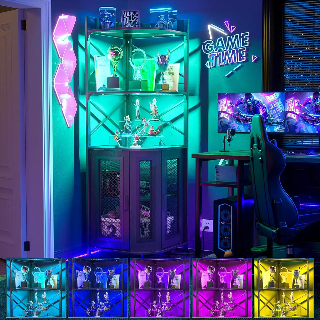 Aheaplus Corner Bar Cabinet with Power Outlet, Industrial Wine Cabinet with LED Strip and Glass Holder, 5-Tiers Liquor Cabinets Bar Unit for Home, Corner Display Cabinets for Small Space, Black