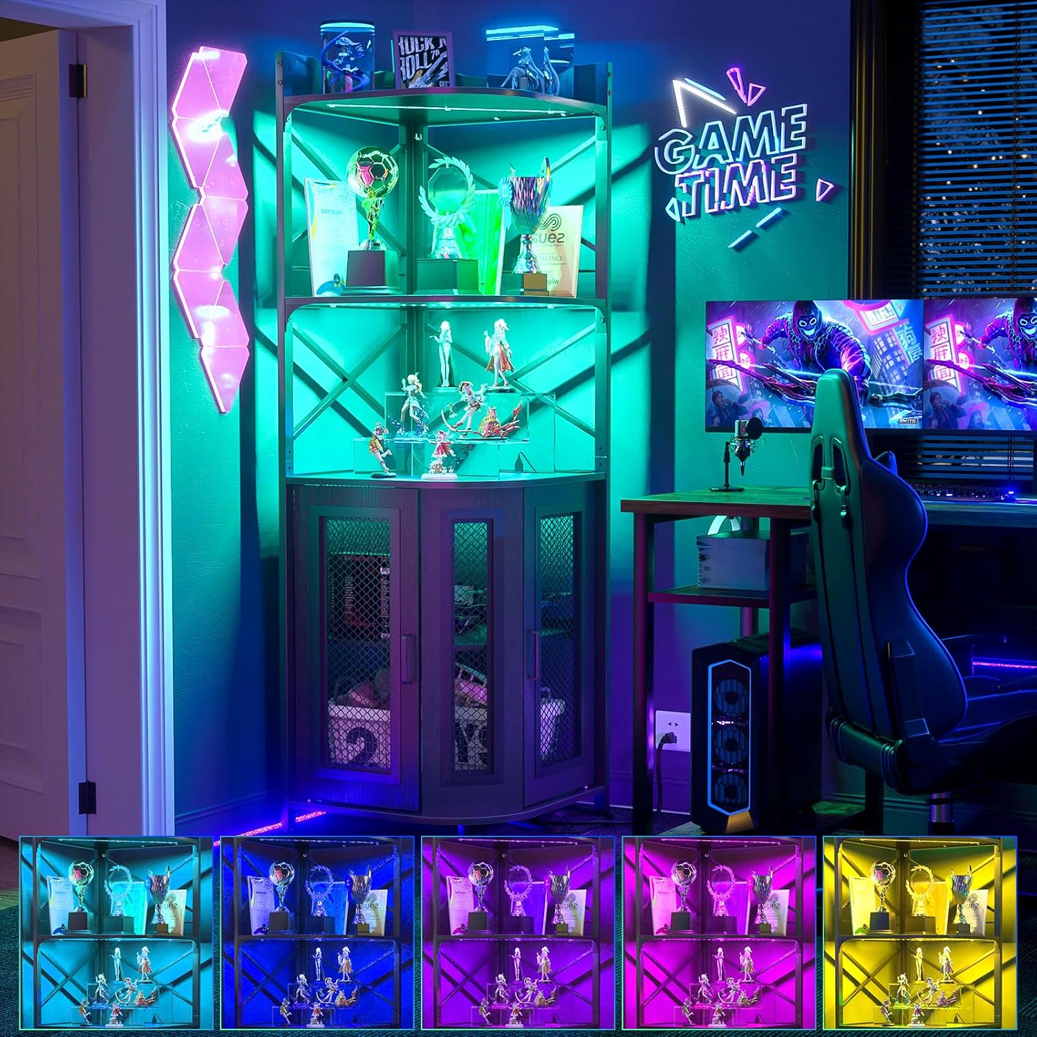 Aheaplus Corner Bar Cabinet with Power Outlet, Industrial Wine Cabinet with LED Strip and Glass Holder, 5-Tiers Liquor Cabinets Bar Unit for Home, Corner Display Cabinets for Small Space, Black