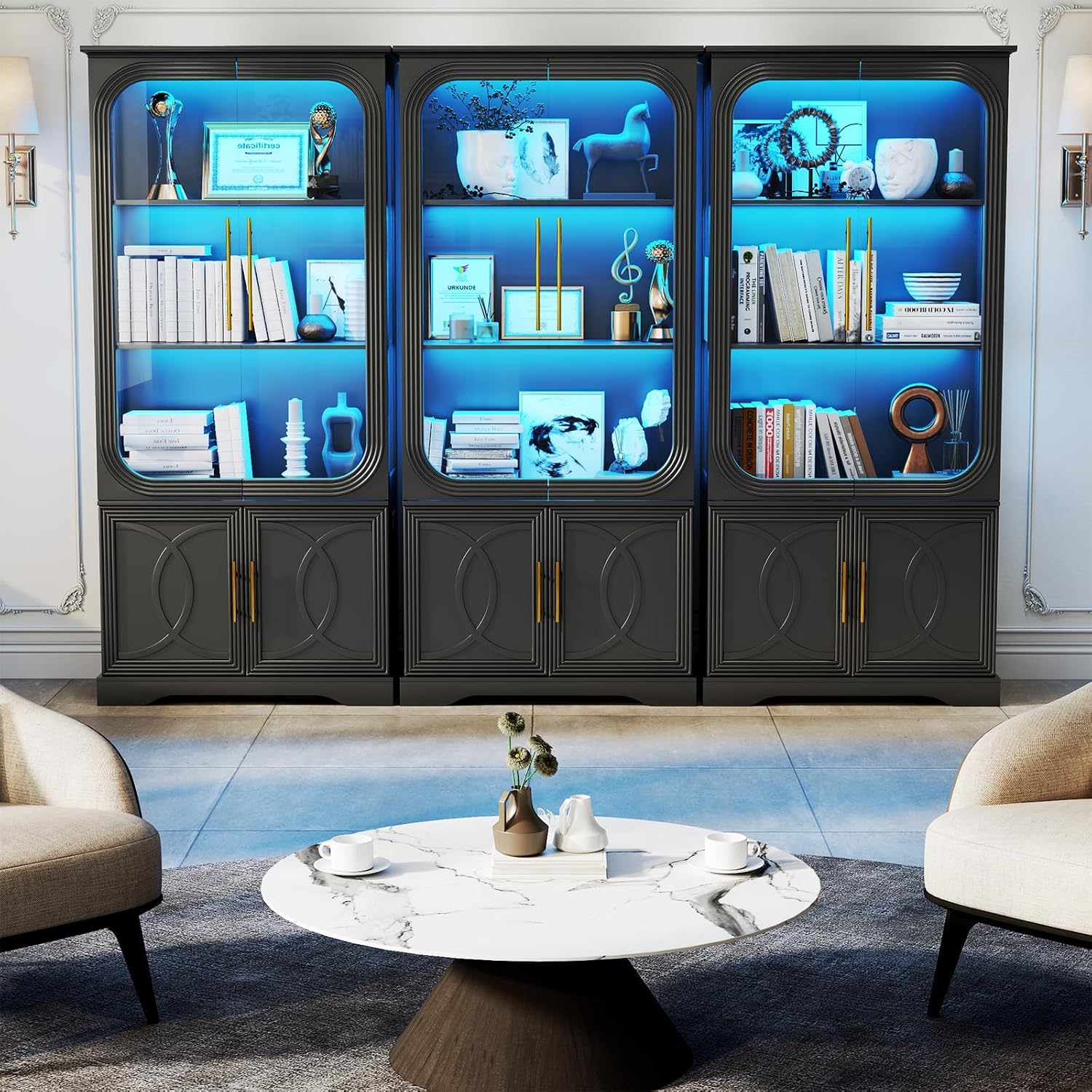 Lareth Display Curio Cabinet with Glass Doors, 69 in Tall Bookcase with LED Lights, Storage Cabinet|Kitchen Pantry Cabinet, 5 Tier Glass Display Case for Living Room, Home Office, Black