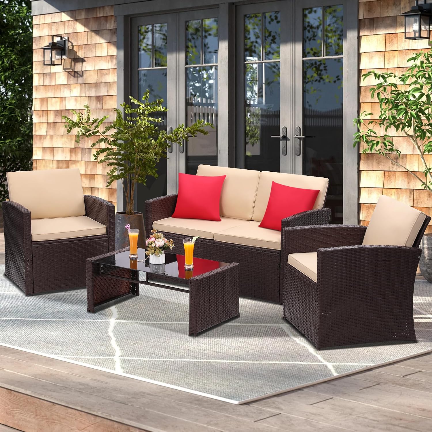 KROFEM 4-Piece Patio Furniture Set, Wicker Outdoor Rattan Sectional Sofa with Cushions and Glass Table, All-Weather Outdoor Conversation Set for Garden, Porch, Backyard, Patio, Beige