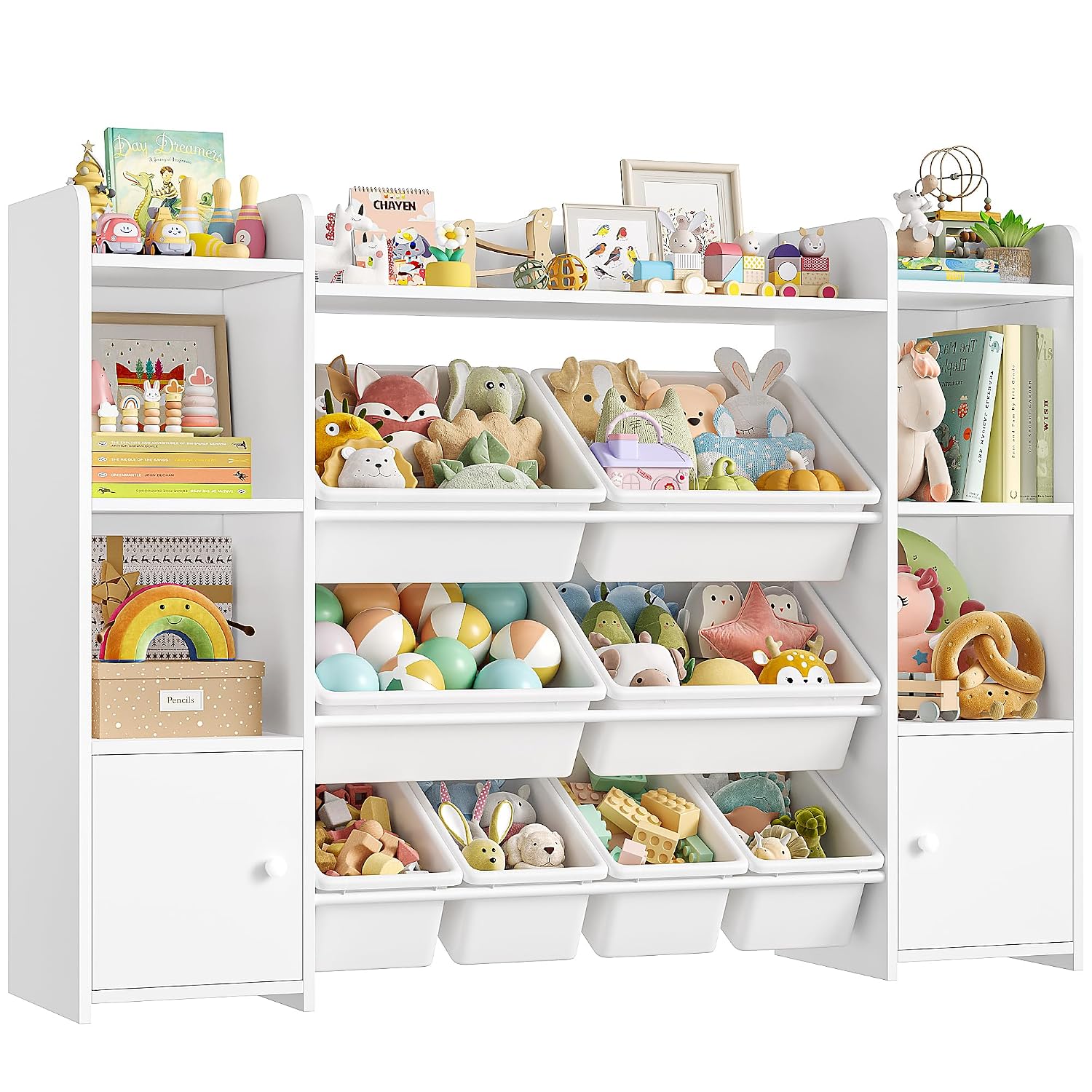 FOTOSOK Toy Storage Organizer with 8 Toy Bins, 55''Large Toy Organizers and Storage with Top Shelf, Toy Storage and Kids Bookshelf with 6 Storage Cubbies, Playroom Storage and Organization Bins, White