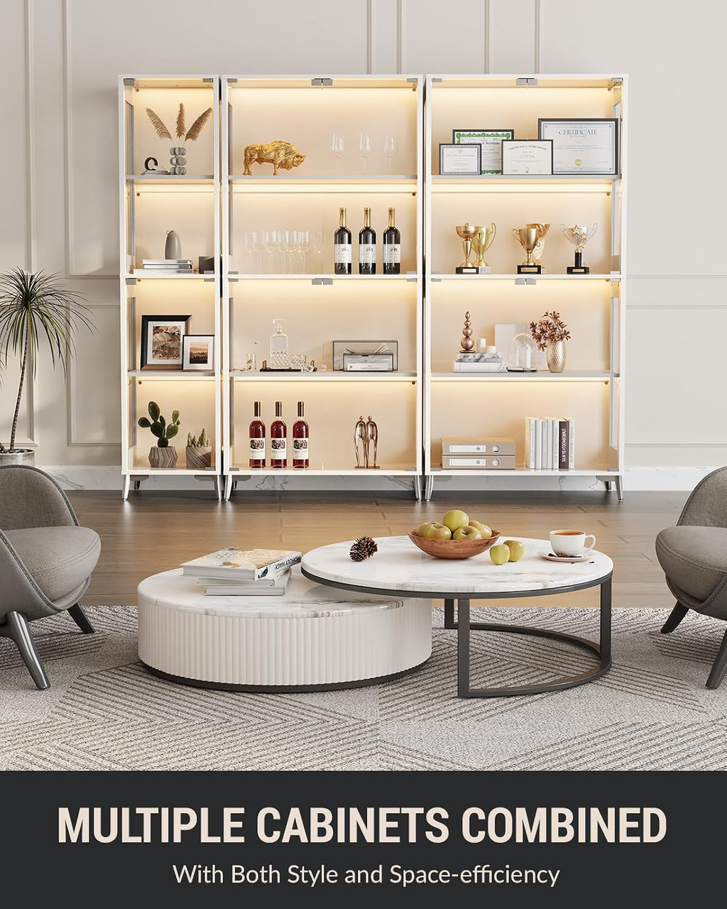 Display Cabinet with Glass Doors, 4-Tier Curio Cabinet, Adjustable Shelves, 60,000 Color Lights for Collectibles, Glass Display Case with App & Remote Control, Bookcase, Storage Cabinet, White