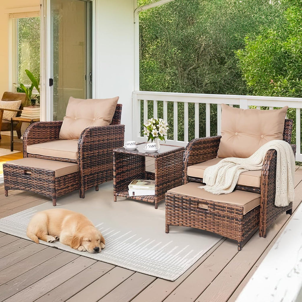 5 Pieces Patio Chairs Set with Ottomans, All Weather PE Rattan, Outdoor Conversation Furniture with Table, Beige