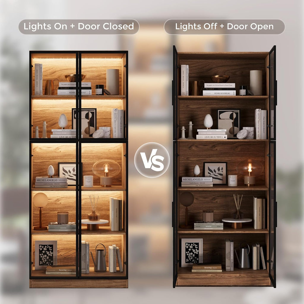Mekminop Glass Display Cabinet with Lights and Shelves, Modern Display Case Cabinet with Glass Doors and L-Shaped Handle, Freestanding Bookcase for Living Room, Home Office, Walnut