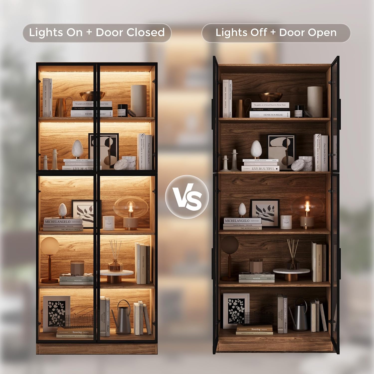 Mekminop Glass Display Cabinet with Lights and Shelves, Modern Display Case Cabinet with Glass Doors and L-Shaped Handle, Freestanding Bookcase for Living Room, Home Office, Walnut