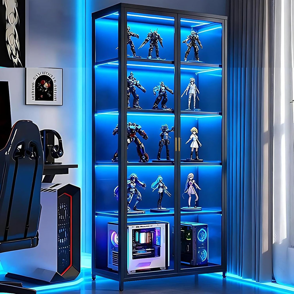 Glass Display Cabinet, 5-Tier Curio Cabinet with Glass Doors, Metal Display Case with Adjustable Shelves, Display Cabinet for Collectibles & Toy Organizer for Home, Office, Playroom, Living Room
