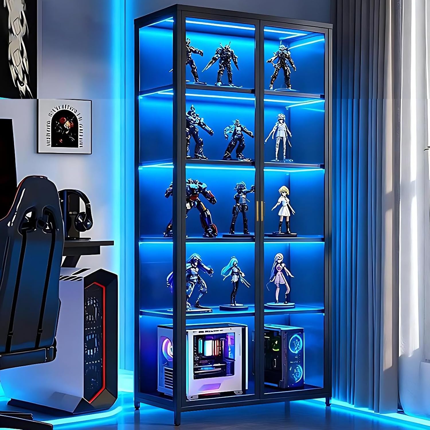 Glass Display Cabinet, 5-Tier Curio Cabinet with Glass Doors, Metal Display Case with Adjustable Shelves, Display Cabinet for Collectibles & Toy Organizer for Home, Office, Playroom, Living Room