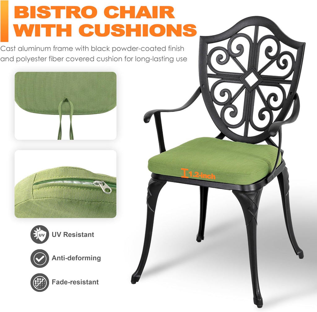 NUU GARDEN Outdoor 3-Piece Bistro Set with Cushions, Round 24 Inch Cast Aluminum Bistro Table with 2.17' Umbrella Hole, 2 Cast Aluminum Bistro Chairs, for Patio, Garden, Backyard and Balcony, Black