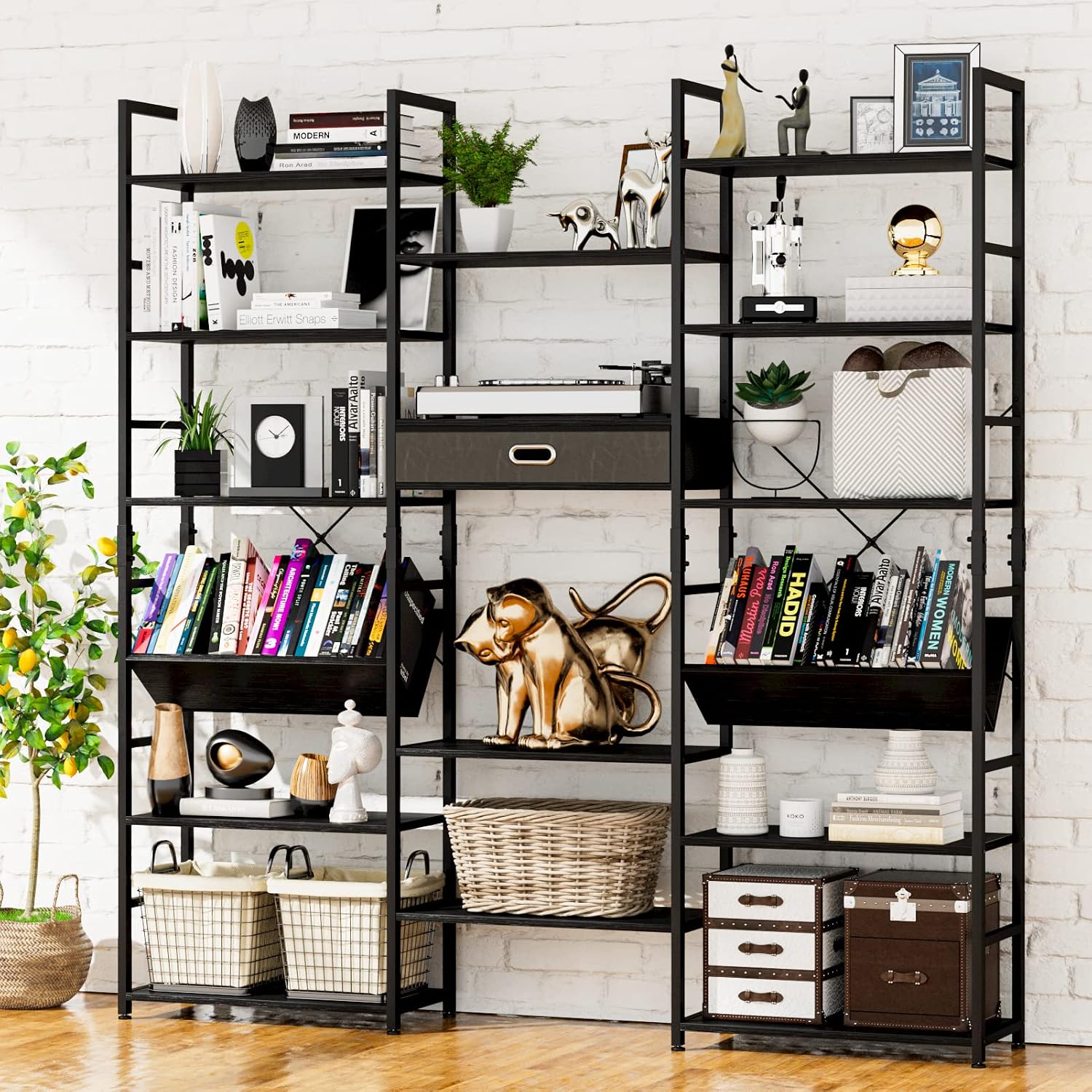 NUMENN Triple Wide 6 Tier Bookshelf, Adjustable Rustic Industrial Style Book Shelves, Modern Bookcases and Bookshelves Furniture for Bedroom, Living Room and Home Office, Black