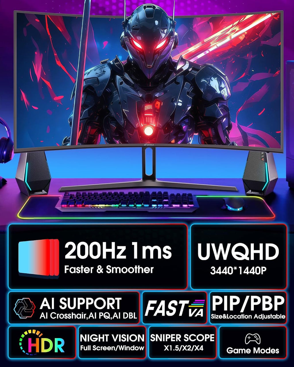 SANSUI 34 Inch UWQHD 200HZ Curved Gaming Monitor, FastVA 3440x1440P Ultrawide 1500R Curved Gaming Computer Monitor 21:9 with PIP PBP, AI Tech Enhance, 2xHDMI2.1 DP1.4 Ports(HDMI2.1 Cable Incl.)