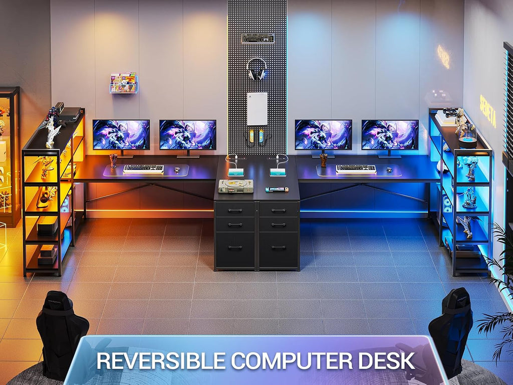 SEDETA L Shaped Gaming Desk, Reversible U Shaped Computer Desk with Power Outlet and Storage Shelves, Corner Gaming Desk with LED Lights, 3 Fabric Drawers, Black