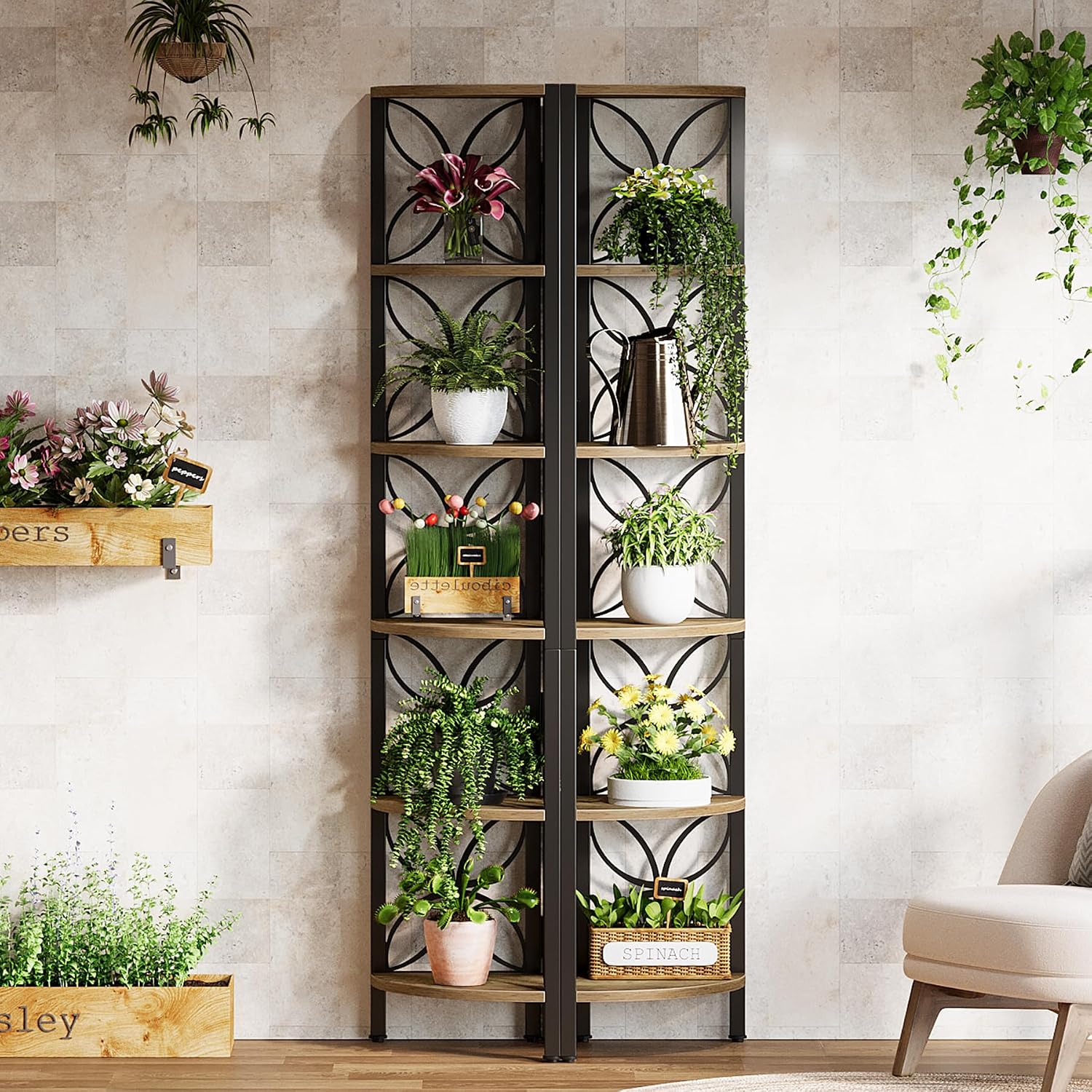 Tribesigns 6-Tier Corner Shelf, 70.9' Rustic Corner Bookshelf Display Shelf for Living Room, Wooden Shelving Unit Plant Stand Storage Rack for Bedroom, Bathroom, Small Space, Rustic Brown