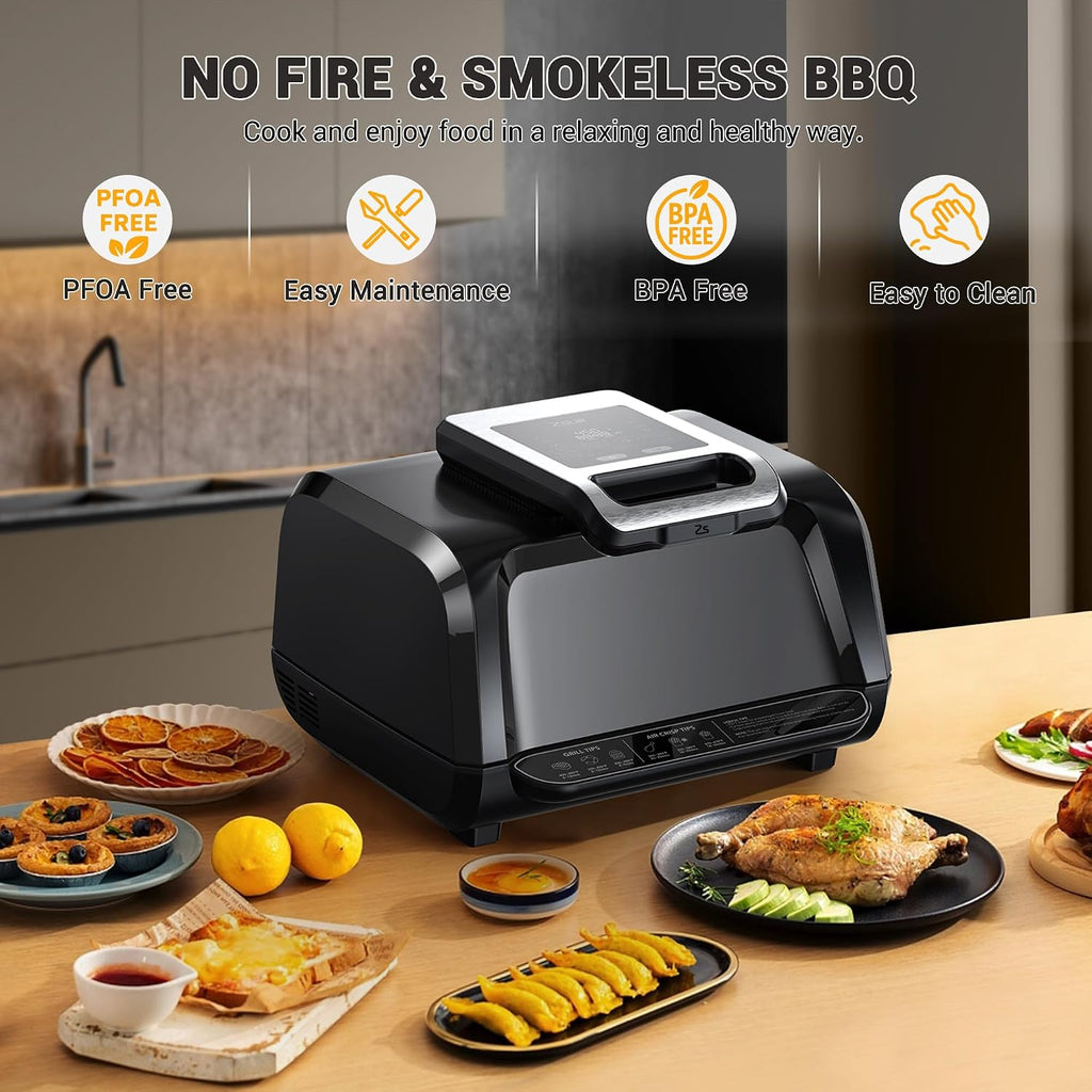 1750W smokeless Indoor Grill Air Fryer Combo, 7-In-1 Smokeless Electric Air Grill with See-Through Window, Non-Stick Removable Plates, Oil-Free Cooking Up to 450°F, Tongs, 4QT, Black