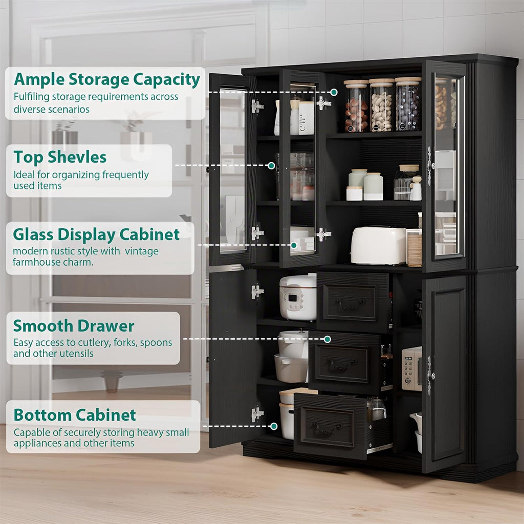YITAHOME 71' H x 47' W Kitchen Pantry with 3 Drawers, Large Storage Cabinet with 3 Glass Doors & Adjustable Shelves, Freestanding Tall Display China Cabinet for Living & Dining Room, Black