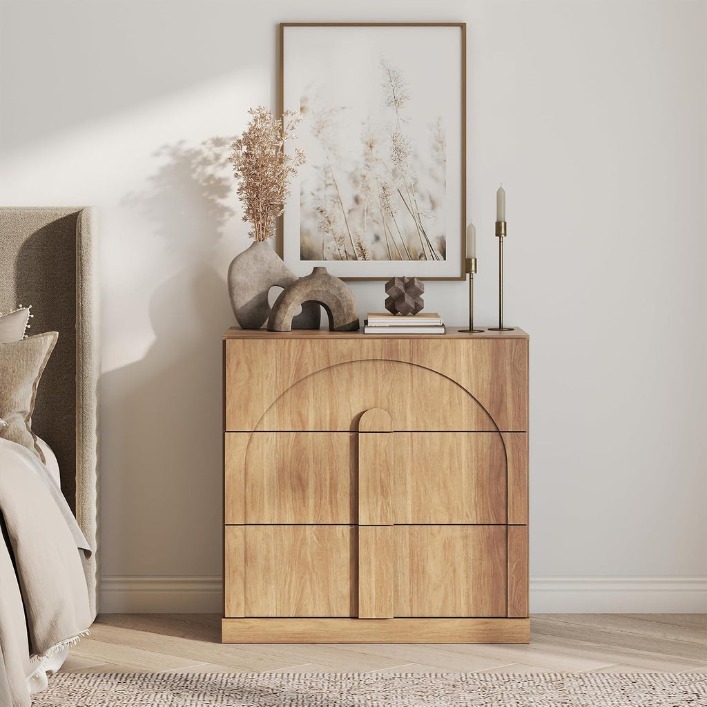 BELLEZE Sideboard Cabinet with 3 Drawers, Modern Wood Buffet Cabinet with Arc Design, Large Fluted Sideboard with Storage for Dining Room Living Room Entryway, Camel