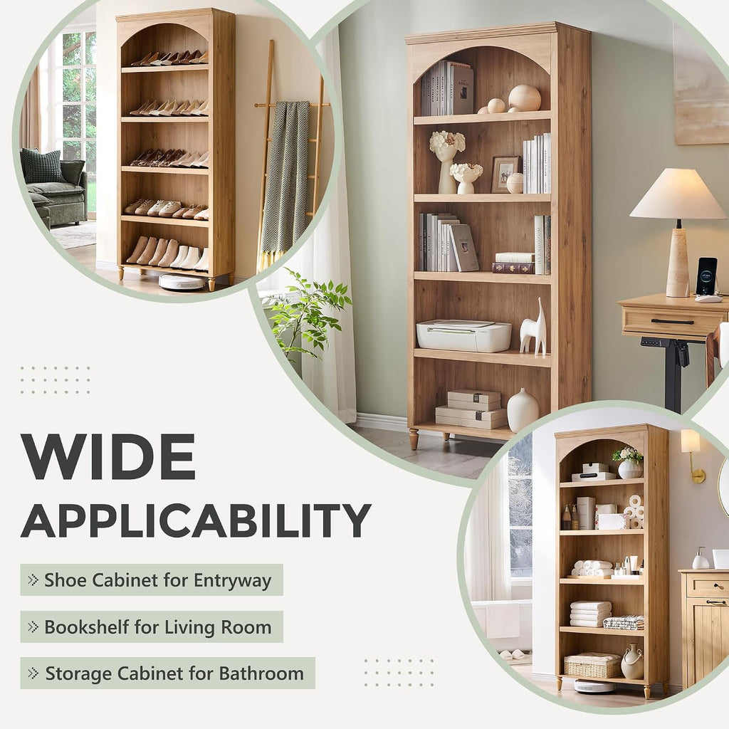 IFGET 76' Tall Arched Bookcase, Farmhouse 5 Tiers Large Arched Bookshelf Cabinet with Adjustable Shelves, Modern Wooden Book Shelf w/Storage and Open Display Shelves for Living Room, Office-Natural