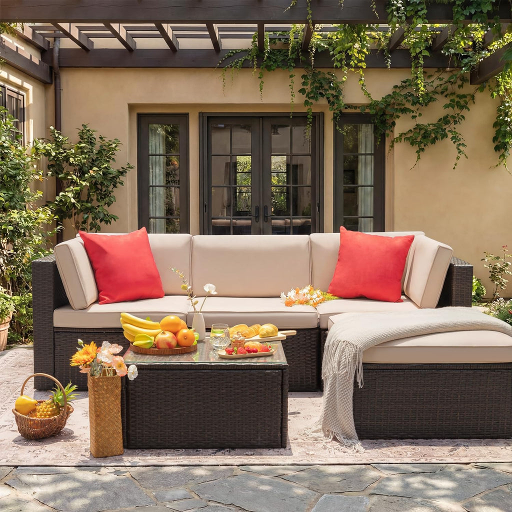 Devoko 5 Pieces Patio Furniture Sets All Weather Outdoor Sectional Patio Sofa Manual Weaving Wicker Rattan Patio Seating Sofas with Cushion and Glass Table (Beige)