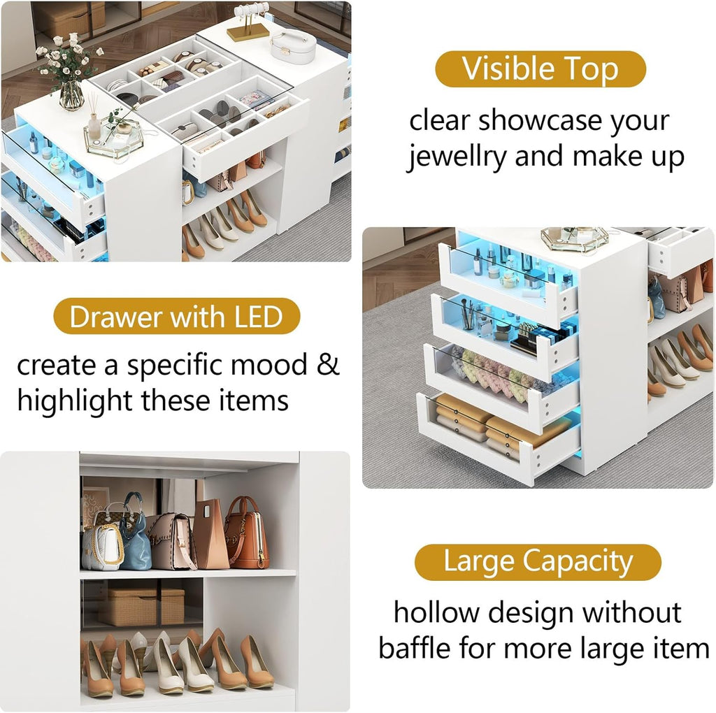 Gyfimoie Closet Island with Drawers, Armoire Wardrobe Closet with LED Lights White Dresser Walk-in Closets with Glass Top for Bedroom & Cloakroom