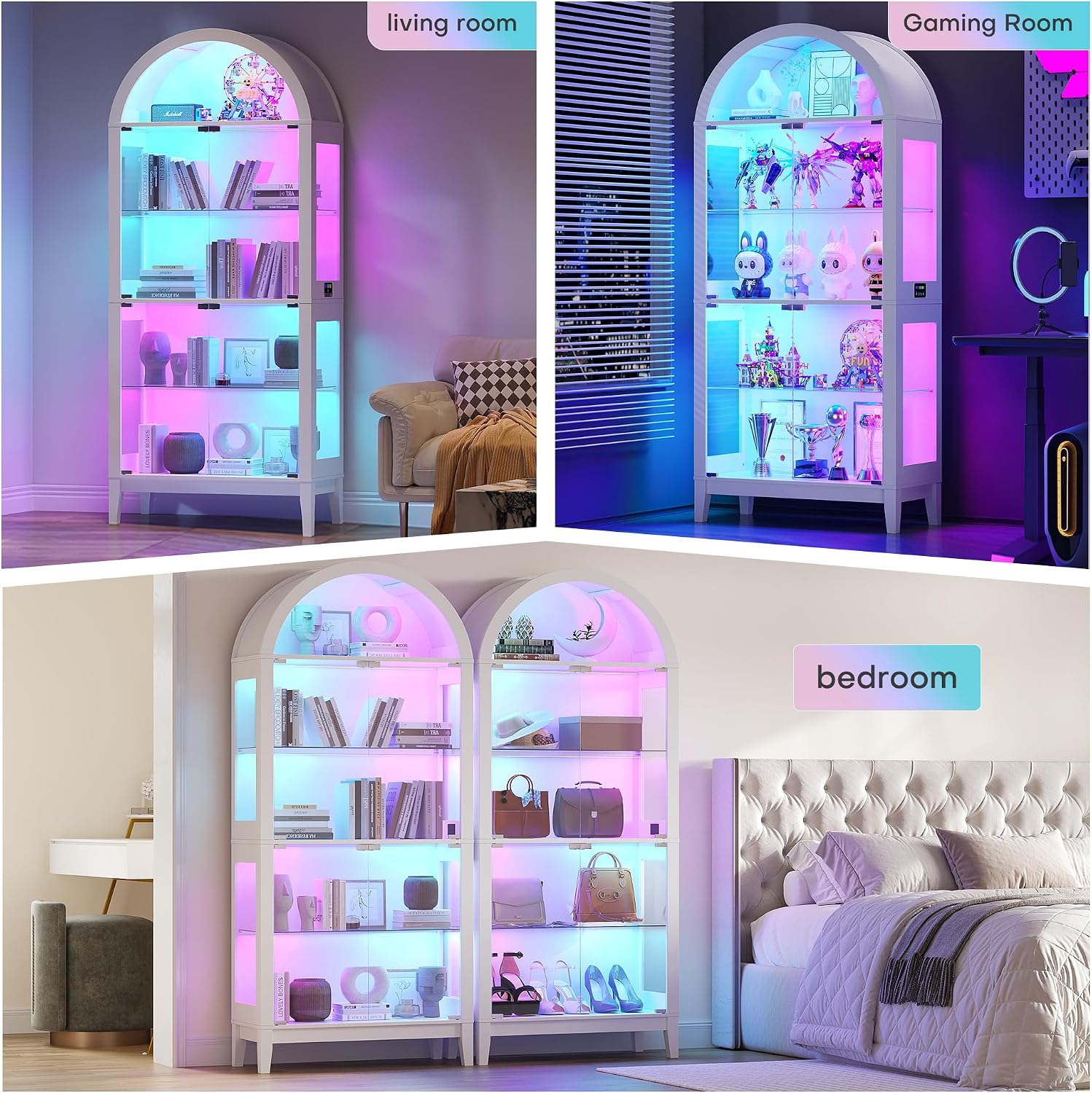 WOOVIVS Glass Display Cabinet with RGB Lights, 69' Tall Curio Cabinet with Rebound Tempered Glass Door, 5-Tier Adjustable Display Case for Living Room (White)
