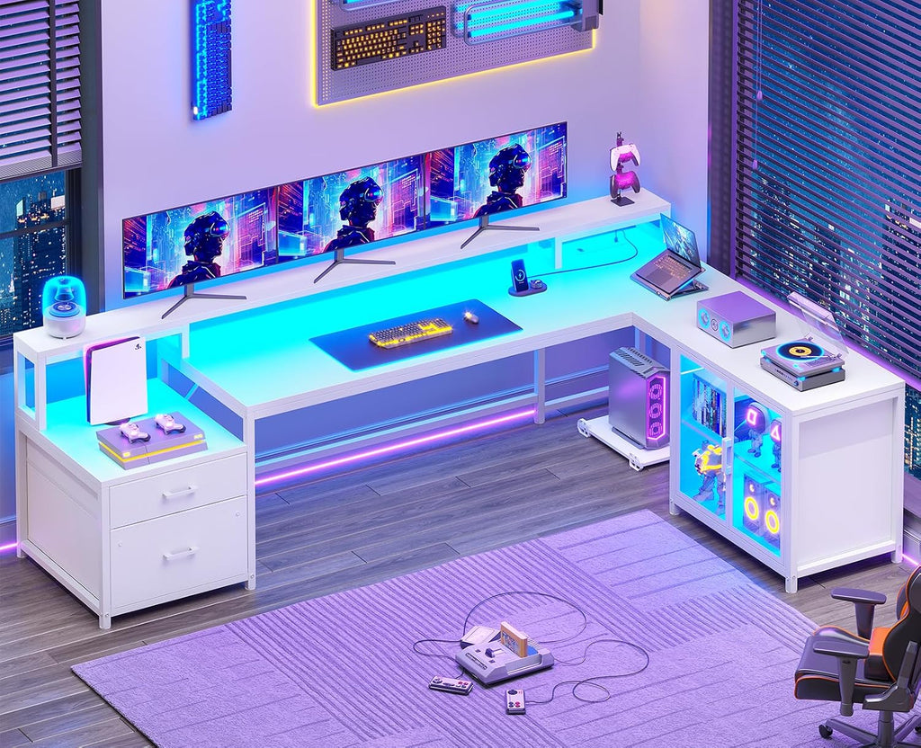 SEDETA 78.7' Large Gaming Computer Desk with Storage Drawers, Reversible L Shaped Office Desk with Display Cabinet and Power Outlet, Corner Gaming Desk with LED Lights for Home Office, White