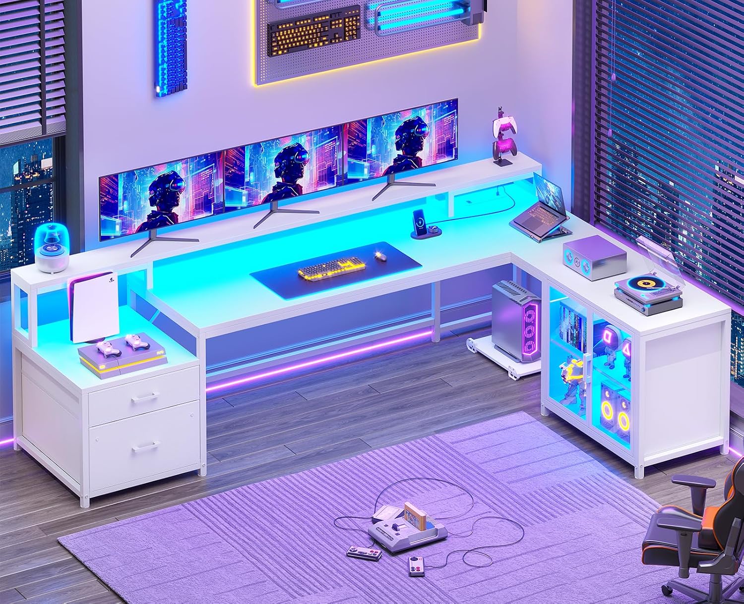 SEDETA 78.7' Large Gaming Computer Desk with Storage Drawers, Reversible L Shaped Office Desk with Display Cabinet and Power Outlet, Corner Gaming Desk with LED Lights for Home Office, White