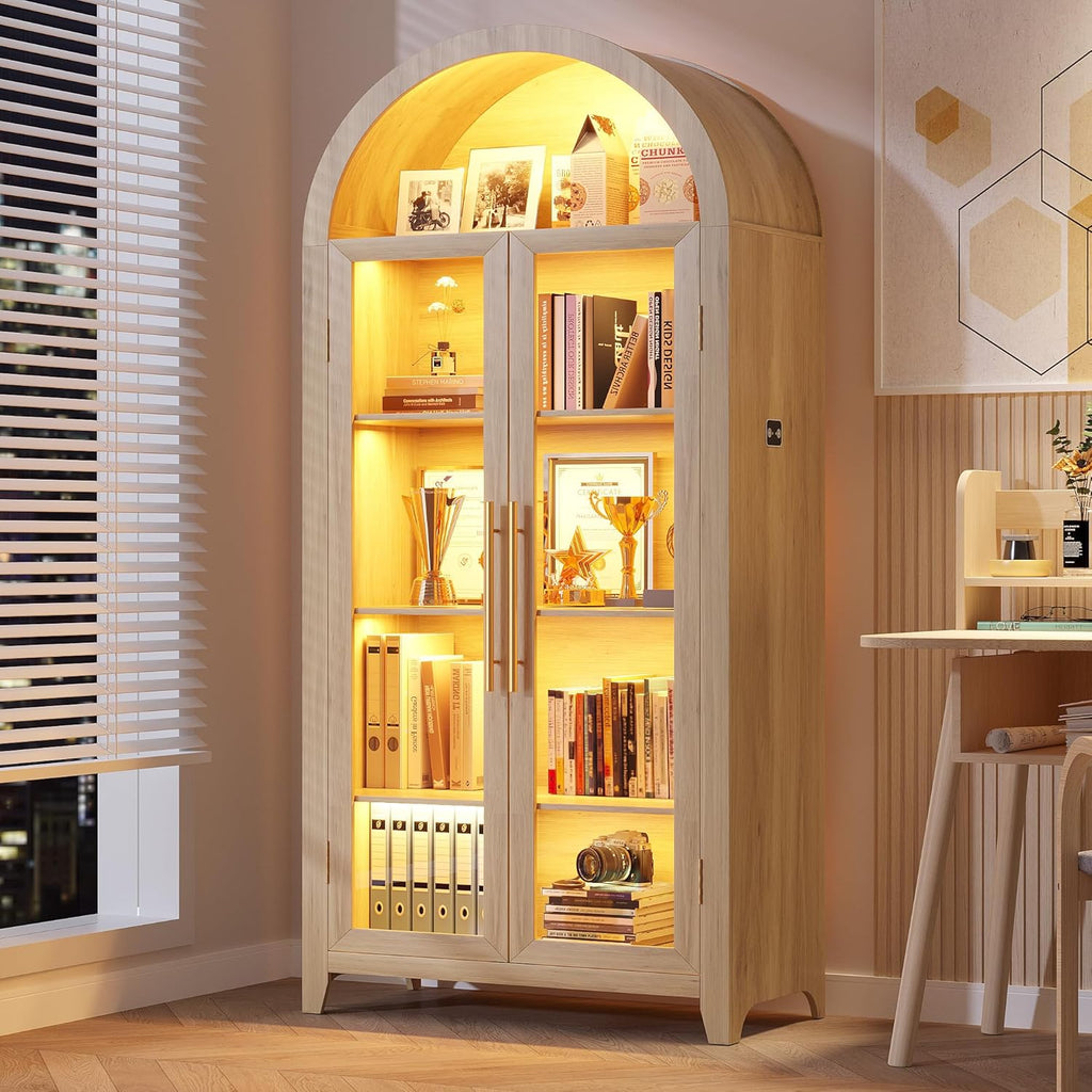 Vlsrka 71' Arched Kitchen Pantry Storage Cabinet with Glass Doors, 5-Tier Display Cabinet for Collectibles, Tall Bookcase with LED Light & Human Sensor, Curio Cabinet with Adjustable Shelf