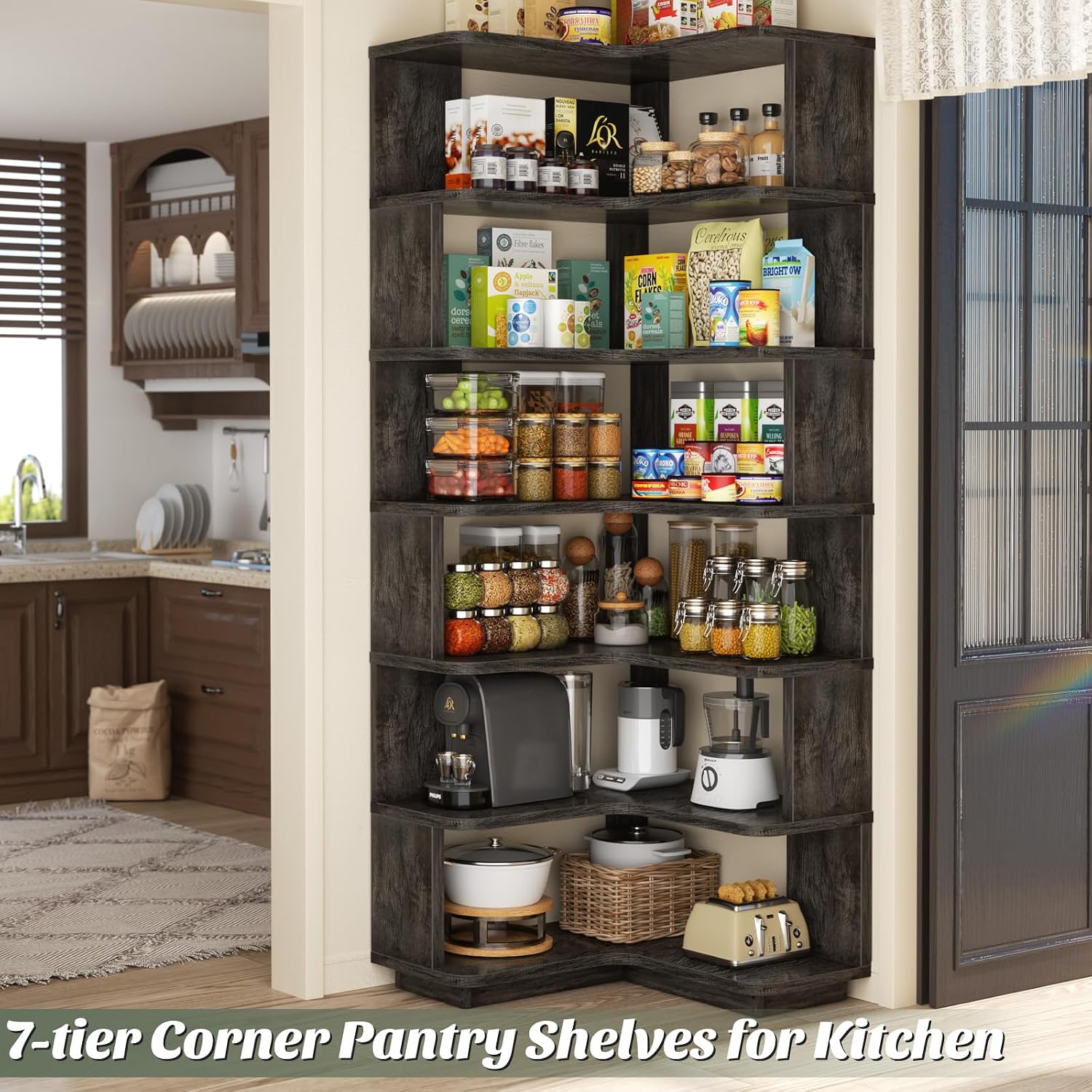 Armocity Corner Book Shelf - 7 Tier Corner Bookshelf Etagere Bookcase with Baffle, Freestanding L Shaped Display Shelf Stand for Home Office, Living Room, Bedroom, Kitchen, Grey Oak