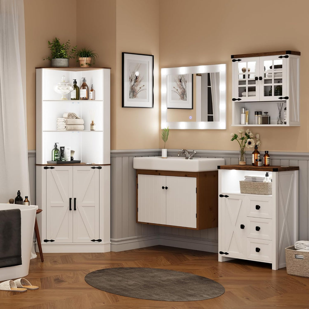 TAGELIER Farmhouse Corner Cabinet with LED Light, 67' Tall Bathroom Cabinet with 2 Doors and 3 Tier Shelves, Free Standing Corner Storage Cabinet for Living Room or Kitchen, White