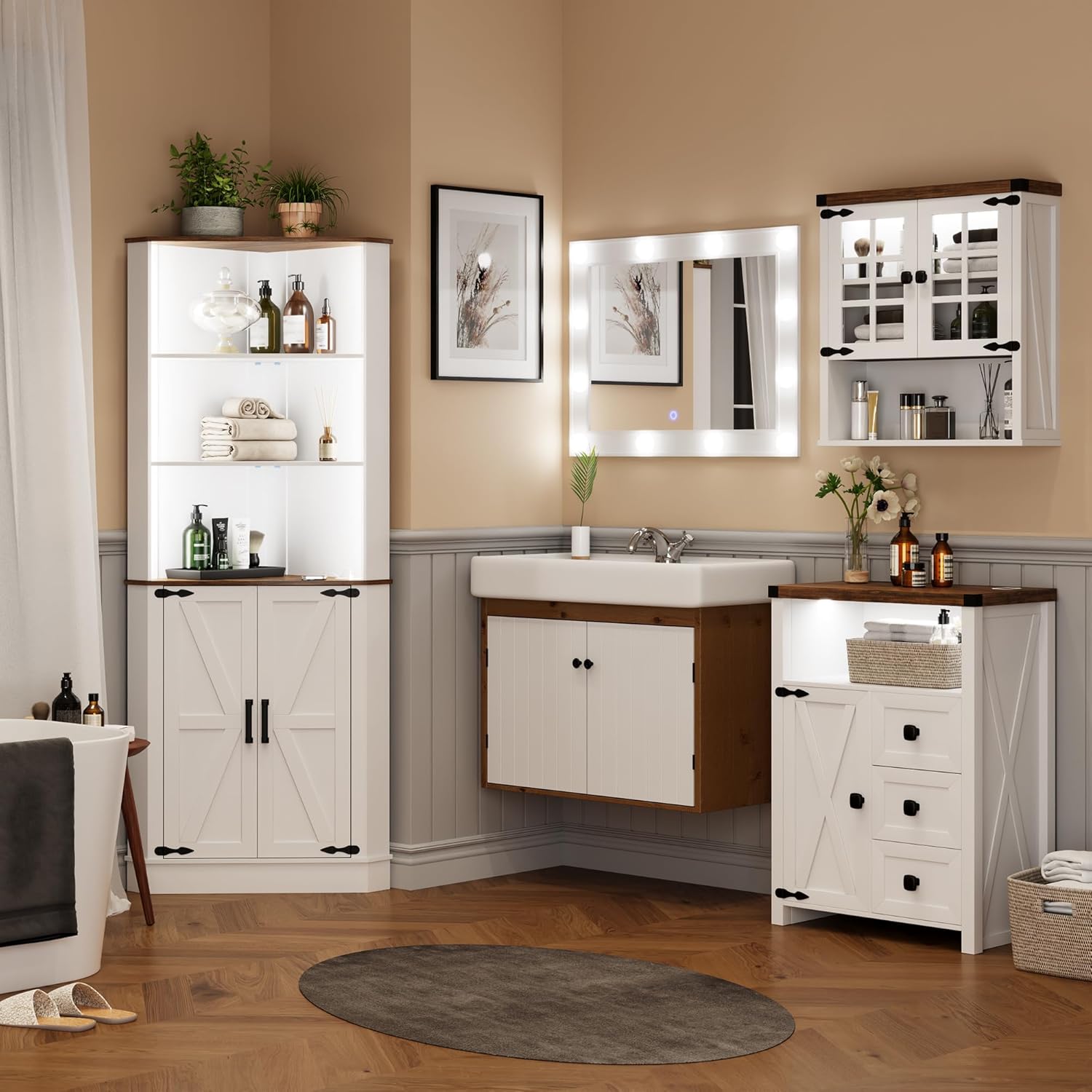 TAGELIER Farmhouse Corner Cabinet with LED Light, 67' Tall Bathroom Cabinet with 2 Doors and 3 Tier Shelves, Free Standing Corner Storage Cabinet for Living Room or Kitchen, White