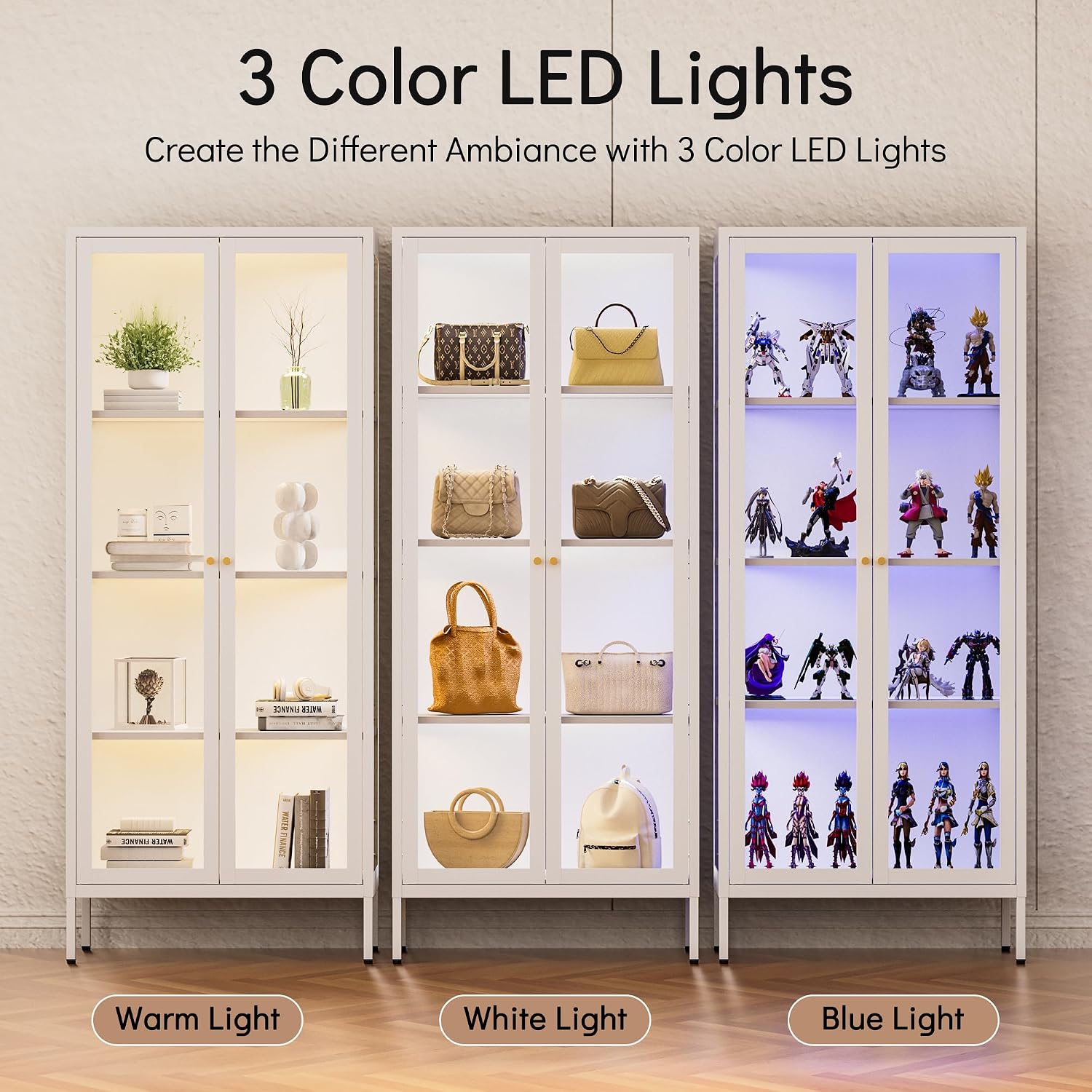 Polup Display Cabinet with 3 Color LED Lights and Tempered Glass, 66 Inch Tall Curio Cabinet with 3 Side Glass, White Display Case for Collectibles, Lighted Cabinets for Living Room- Assemble Required