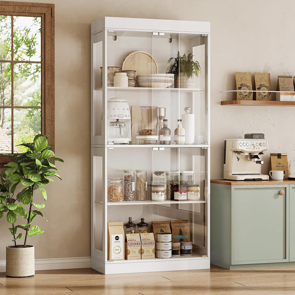 70.1' Display Cabinet with Glass Doors,4-Tier Curio Cabinet for Collectibles, Tempered Glass Display Case with Handleless Design for Living Room, Office, Kitchen，White