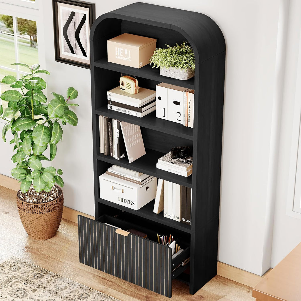 LEVNARY Arched Bookcase with Drawer, 70' Tall 5-Tier Bookshelf with Fluted Carved Drawer, Freestanding Display Storage Cabinet for Living Room Bedroom Home Office (Black)