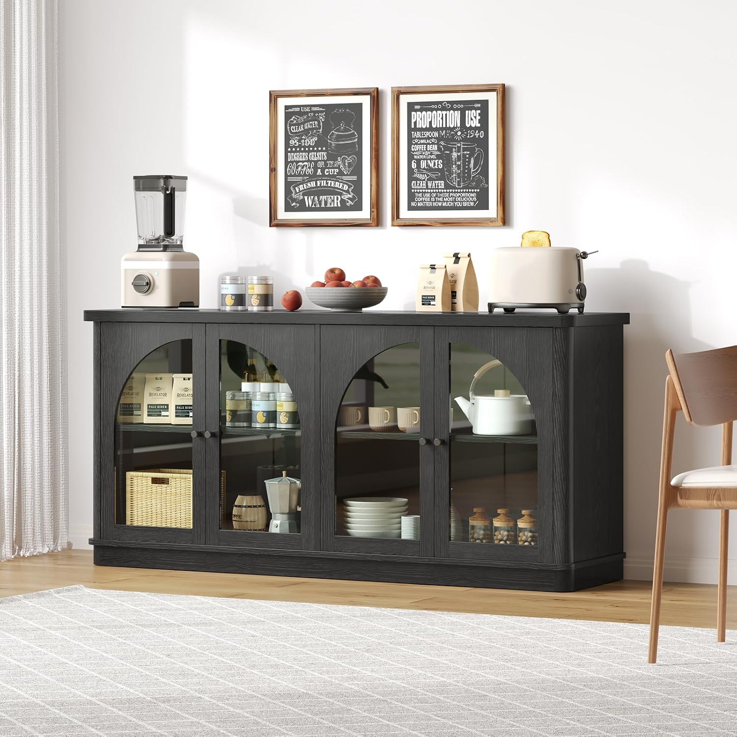 ONBRILL 63 Inch Sideboard Buffet Cabinet, Modern Arched Buffet with Glass Doors, Large Curved Cabinets with Storage, Console Credenza w/Adjustable Shelves for Living Room, Kitchen, Entryway, Black